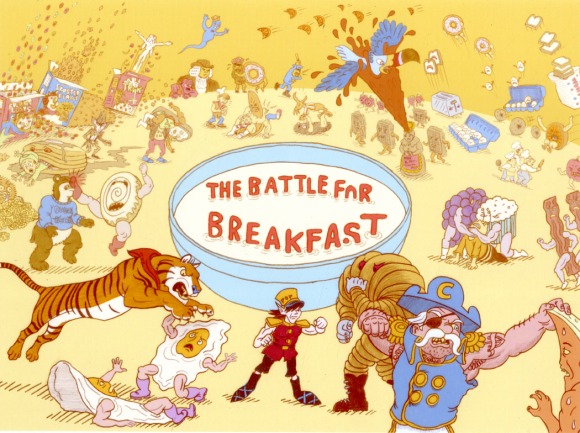 breakfast cap'n crunch tony the tiger snap crackle pop battle toucan sam mrs. butterworth eggs illo illustration 